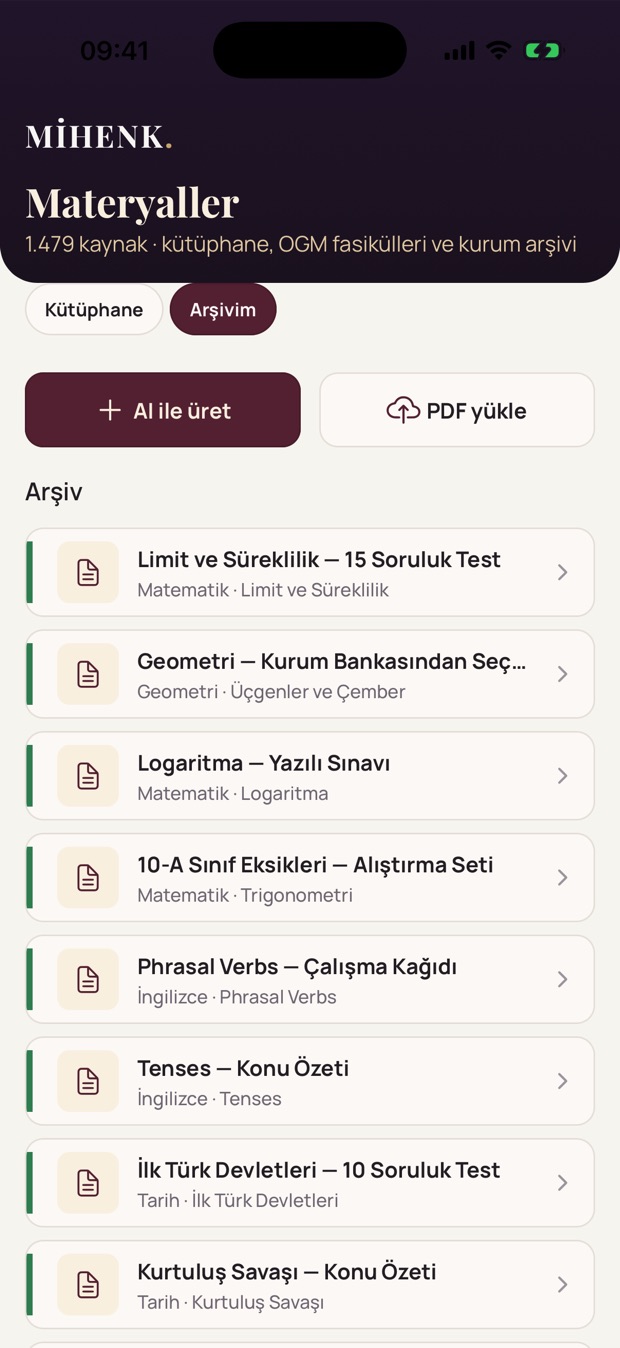 Mihenk materyal kütüphanesi: ders ders ayrılmış kaynaklar ve kurum arşivi